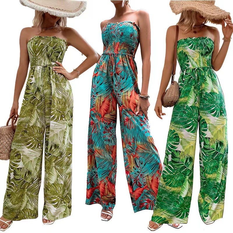 Summer Strapless Jumpsuit Wide Leg Print Yellow - Image 4