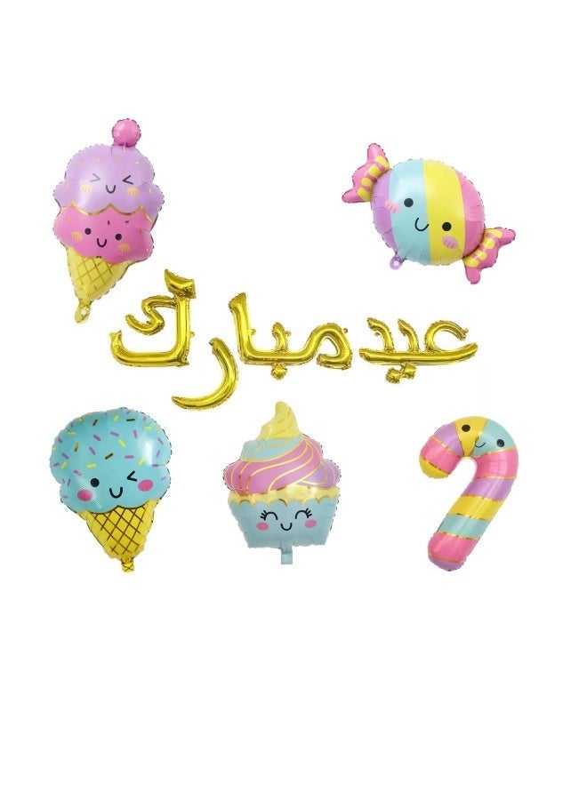 Eid Mubarak balloons in gold with colorful sweets - Image 3