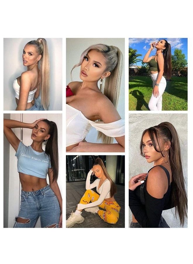 Ponytail Extension Long Straight Ponytail Extensions Wrap Around 22inch Pony Tail Clip in Hair Extensions Ponytail Synthetic Hairpiece for Women, Ash Gold