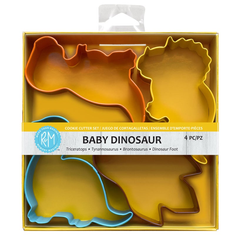 R&M RM International Baby Dinosaur Cookie Cutters Brontosaurus Triceratops TRex and Footprint 4Piece Set 