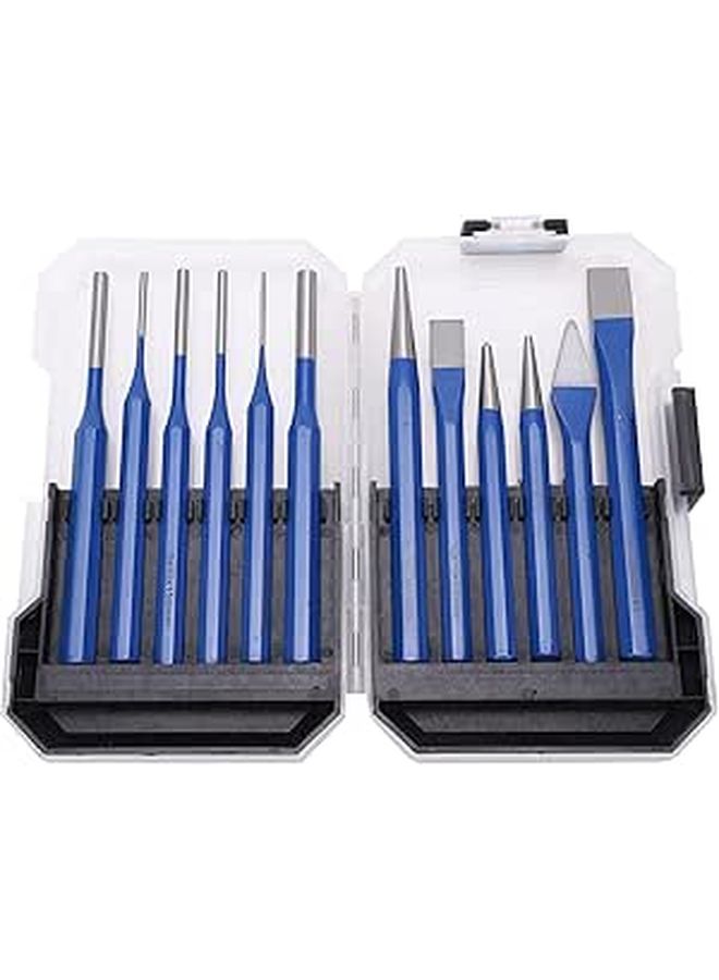 12Pcs CRV Steel Chisel Punch Kit with Blue Handle and Storage Box for Metal Wood Stone Crafting - Image 1