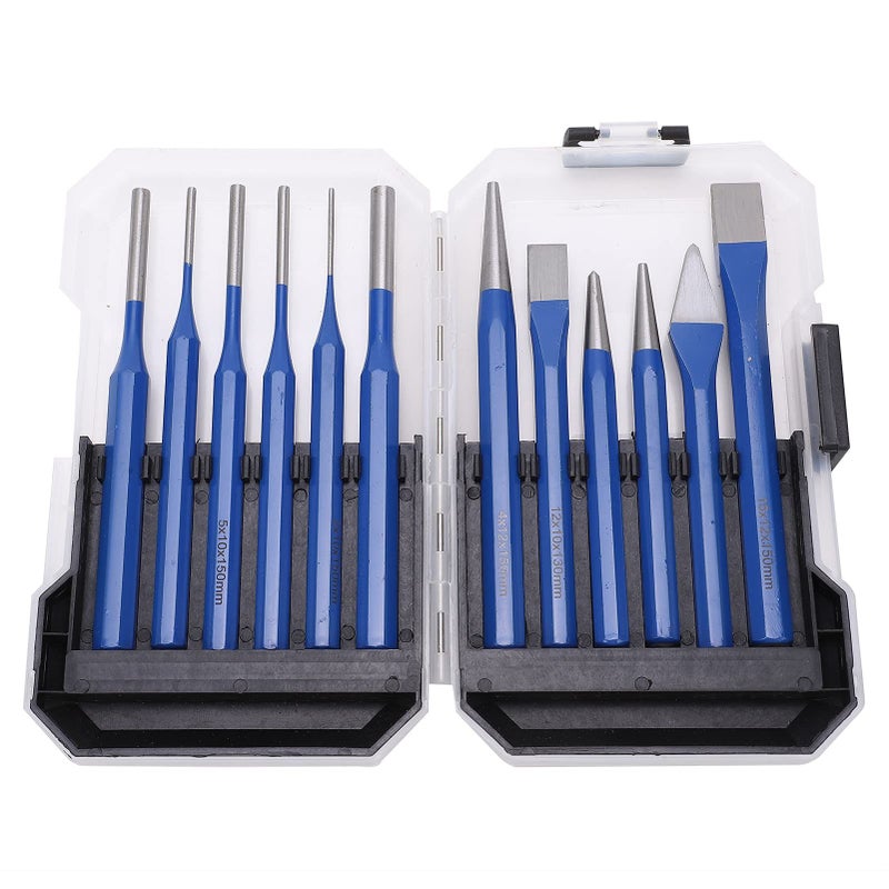 12Pcs CRV Steel Chisel Punch Kit with Blue Handle and Storage Box for Metal Wood Stone Crafting - Image 2