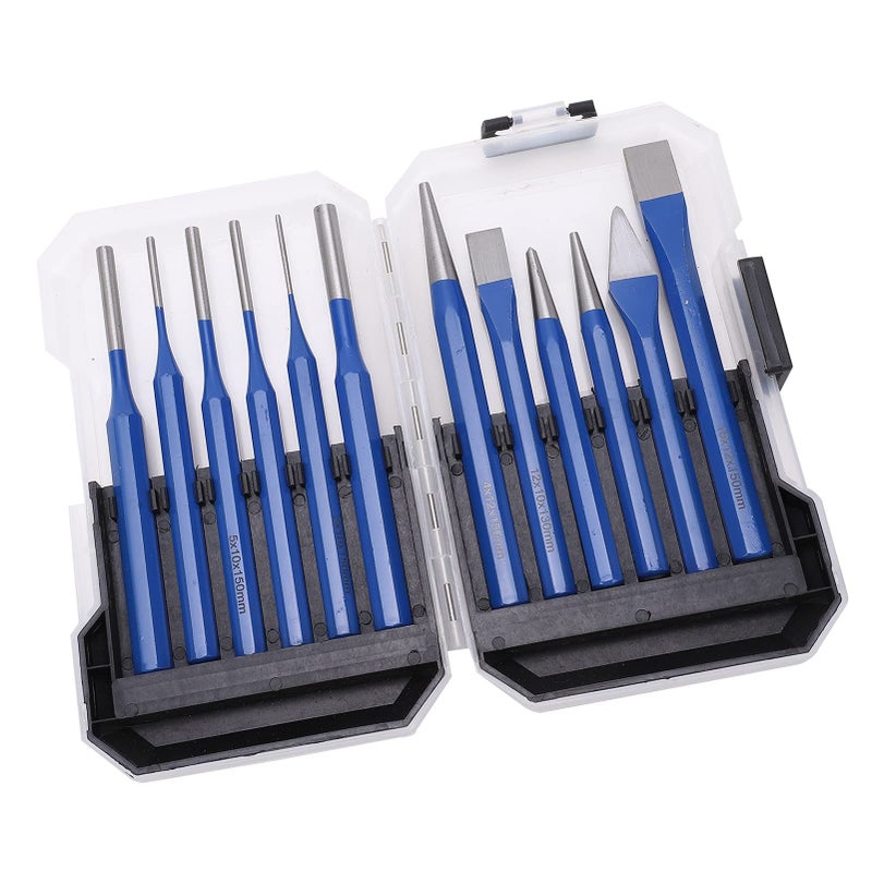 12Pcs CRV Steel Chisel Punch Kit with Blue Handle and Storage Box for Metal Wood Stone Crafting - Image 3