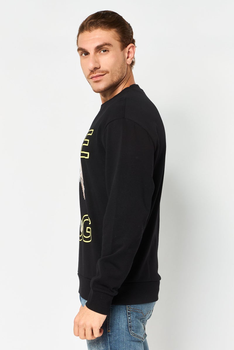 Selected Homme Men Ribbed Neck Graphic Print Long Sleeve Sweatshirt, Black - Image 2