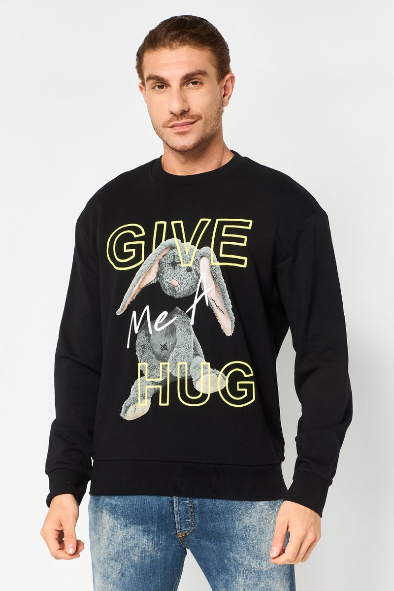 Selected Homme Men Ribbed Neck Graphic Print Long Sleeve Sweatshirt, Black - Image 1