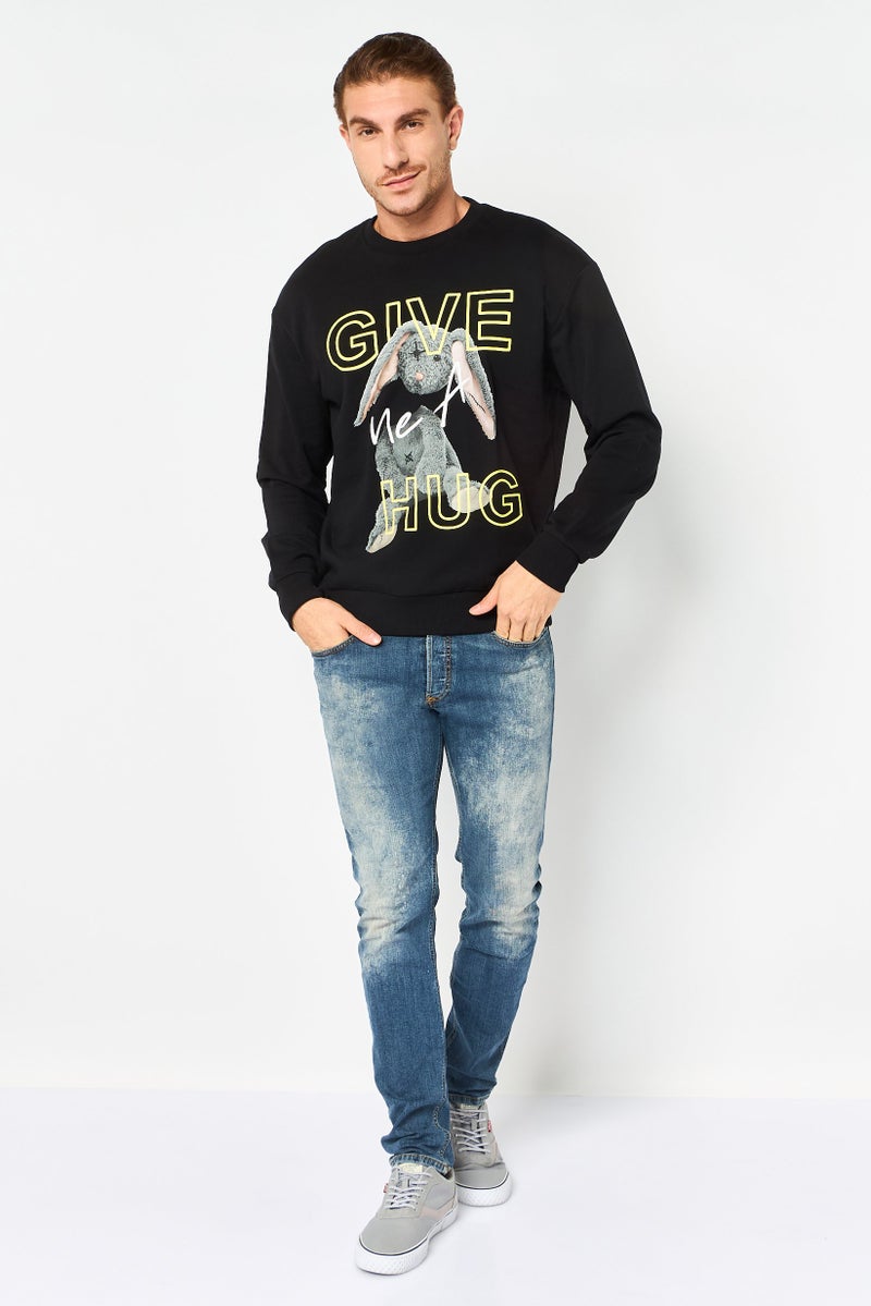 Selected Homme Men Ribbed Neck Graphic Print Long Sleeve Sweatshirt, Black - Image 4