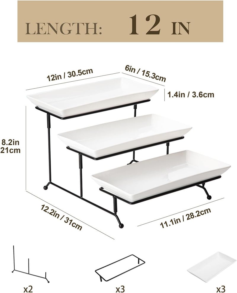 MALACASA 3 Tier Serving Trays for Party, Porcelain Serving Platters and Trays, 12 Inch Tiered Tray Stand, Fruit Tray, Trays for Serving Food, White Dessert Stand with Collapsible Sturdier Metal Rack - Image 2