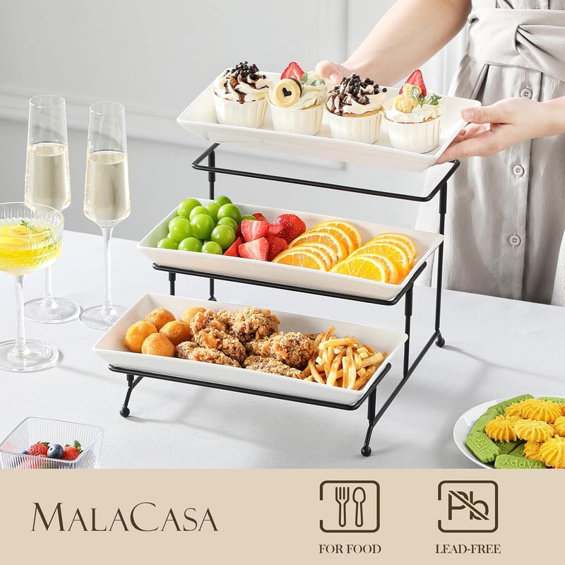 MALACASA 3 Tier Serving Trays for Party, Porcelain Serving Platters and Trays, 12 Inch Tiered Tray Stand, Fruit Tray, Trays for Serving Food, White Dessert Stand with Collapsible Sturdier Metal Rack - Image 3