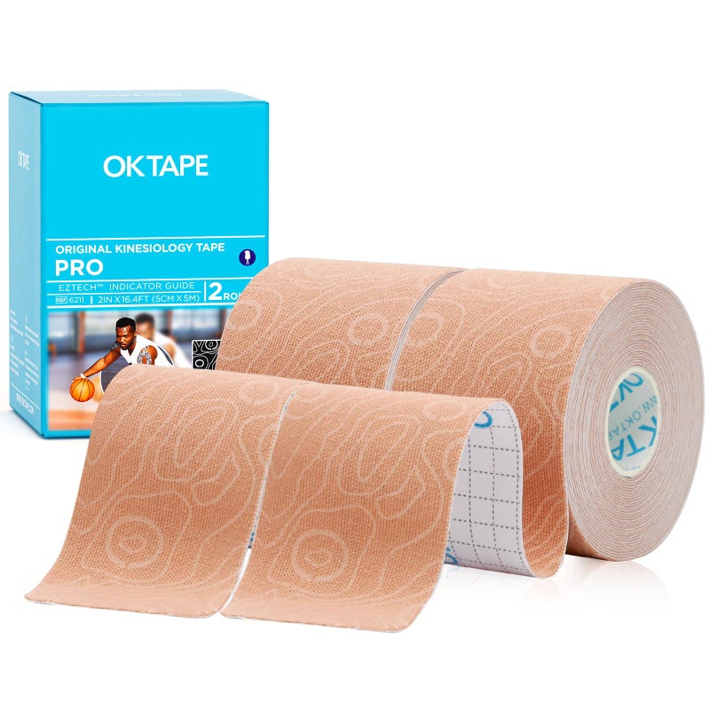 OK TAPE PRO Kinesiology Tape, 2inch x Long Roll 16ft Free Cut Tape, Elastic Athletic Tape Therapeutic Latex Free, 2 Rolls Beige+Beige - Image 1