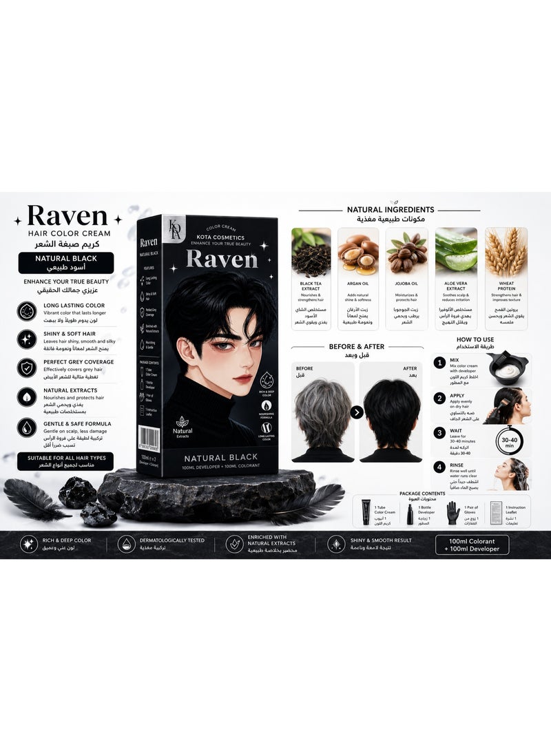 Kota Raven Natural Black Hair Color Cream with Argan Oil, Aloe Vera & Jojoba Oil - 100% Grey Coverage - Image 2