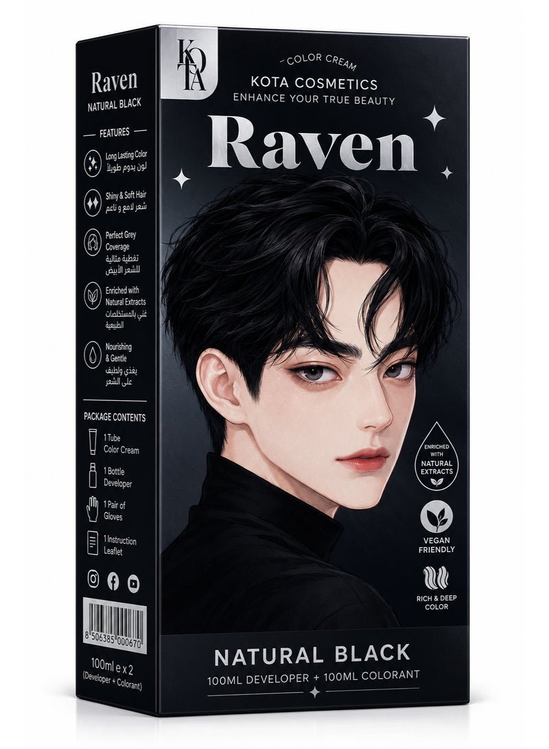 Kota Raven Natural Black Hair Color Cream with Argan Oil, Aloe Vera & Jojoba Oil - 100% Grey Coverage - Image 1