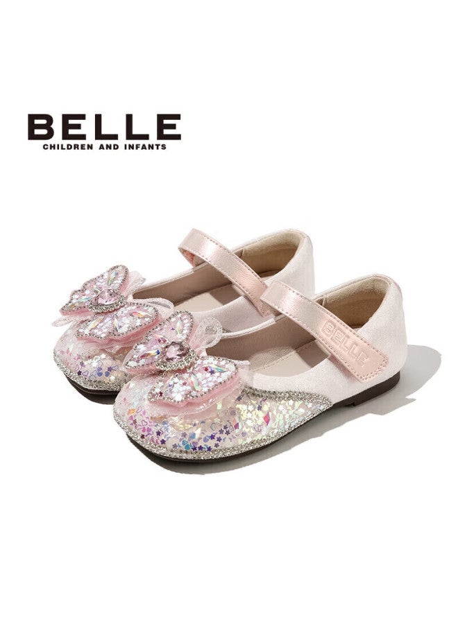 Belle Children's Shoes , Girls' Leather Shoes, Kids' Princess Shoes, Baby Crystal Shoes, Spring And Autumn Flats, Pink, Size 30 - Image 1