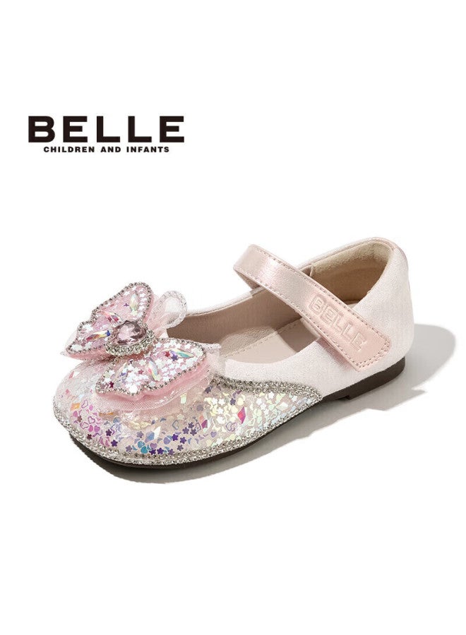 Belle Children's Shoes , Girls' Leather Shoes, Kids' Princess Shoes, Baby Crystal Shoes, Spring And Autumn Flats, Pink, Size 30 - Image 4