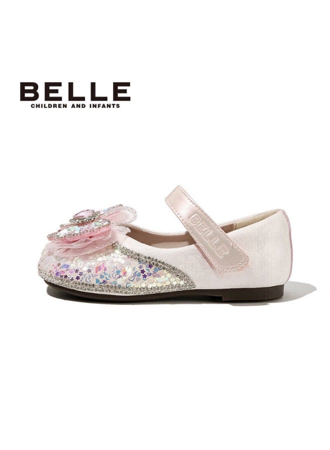 Belle Children's Shoes , Girls' Leather Shoes, Kids' Princess Shoes, Baby Crystal Shoes, Spring And Autumn Flats, Pink, Size 30 - Image 2