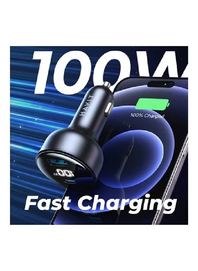 هافيت شاحن سيارة سريع هافيت PD + USB-A بشاشة رقمية 100 وات - CC100 - أسود - Image 4