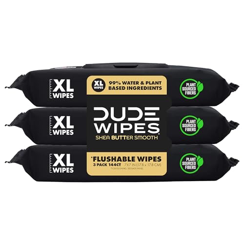 DUDE Wipes - Flushable Wipes - 3 Pack, 144 Count - Shea BUTTer Smooth Extra-Large - Vitamin-E & Aloe - Septic and Sewer Safe - Image 1
