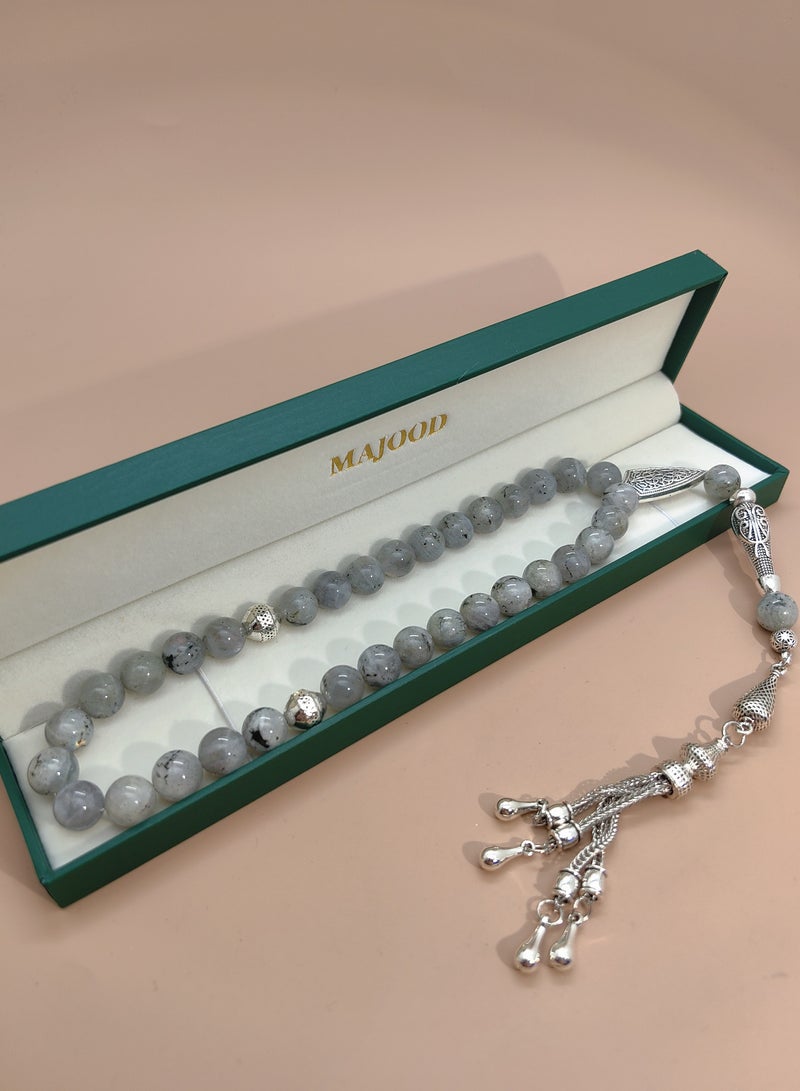 موجود 33 مسبحة صلاة من حجر القمر الحقيقي/تسبيح/10 مم/للرجال والنساء/هدية رمضان - Image 5