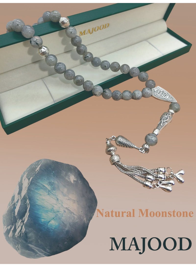 موجود 33 مسبحة صلاة من حجر القمر الحقيقي/تسبيح/10 مم/للرجال والنساء/هدية رمضان - Image 1