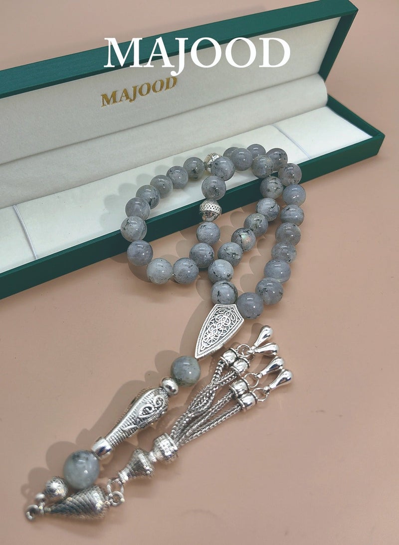 موجود 33 مسبحة صلاة من حجر القمر الحقيقي/تسبيح/10 مم/للرجال والنساء/هدية رمضان - Image 2