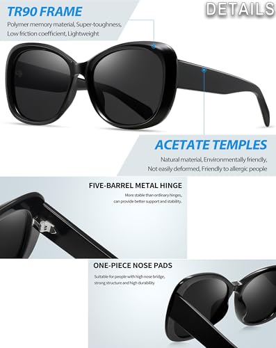 Joopin Oversized Acetate Sunglasses Polarized UV Protection Trendy Butterfly Shades for Women Ladies Sun Glasses (Black) - Image 5