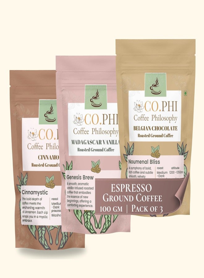 CO.PHI Coffee Philosophy Sample Pack Indulgence Set (3 x 100 gms) Espresso Grind, Ground Coffee Combo, Arabica Robusta Blend, Coorg, Belgian Chocolate, Vanilla, Cinnamon, Washed Process - Image 1