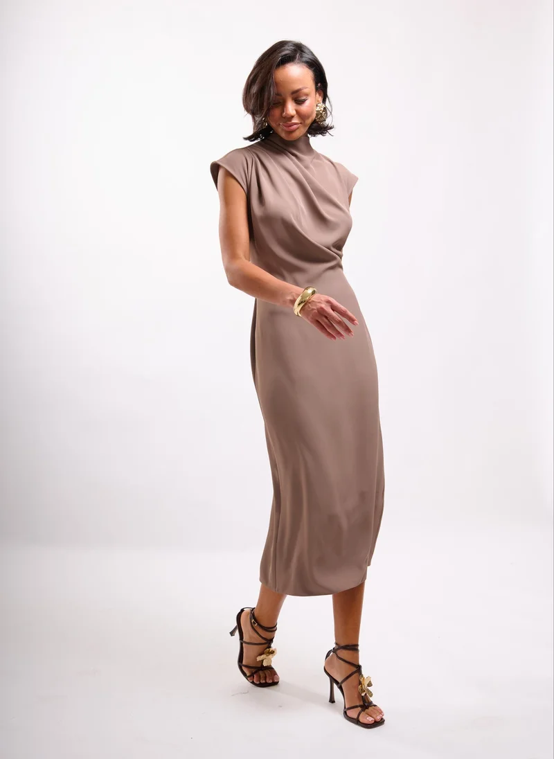 Faia taupe Mocha Midi Dress with Drape Detail for Women | Best Price UAE