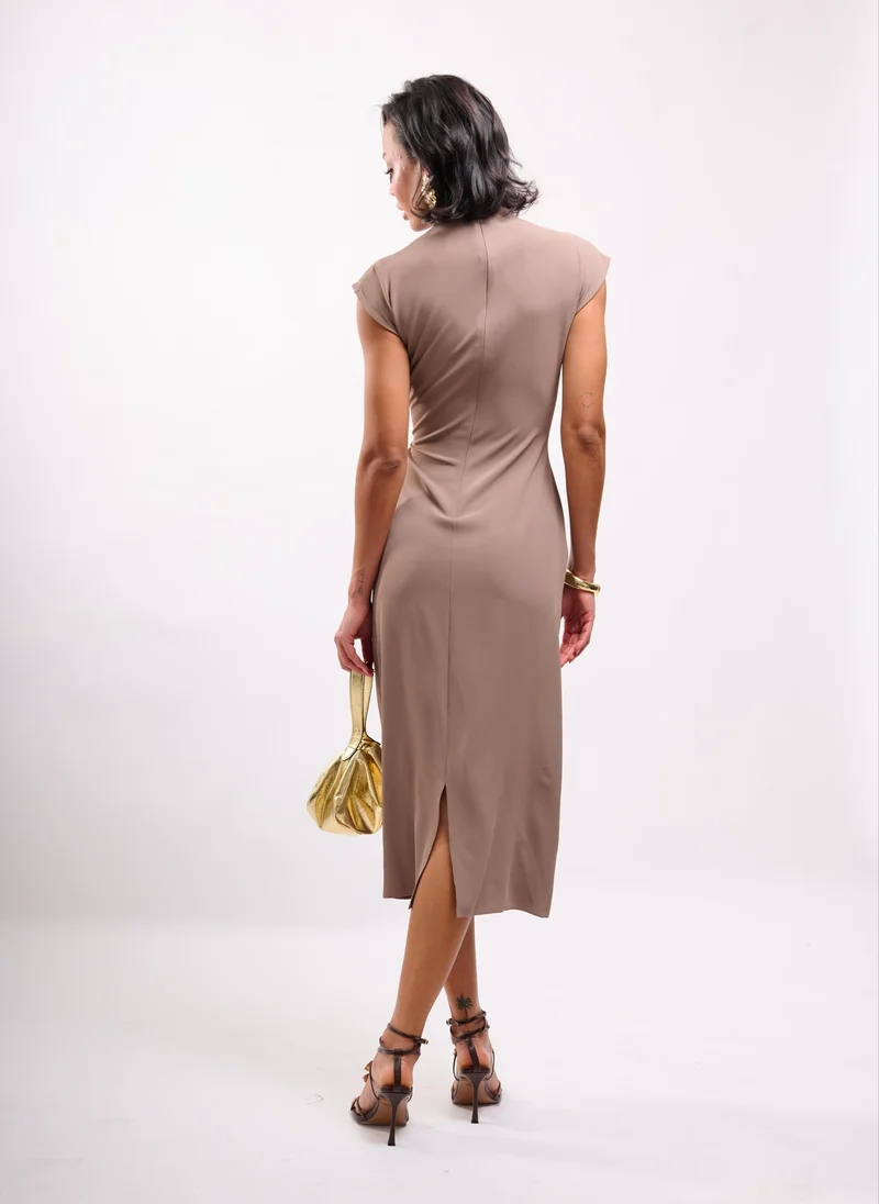 Faia taupe Mocha Midi Dress with Drape Detail for Women | Best Price UAE