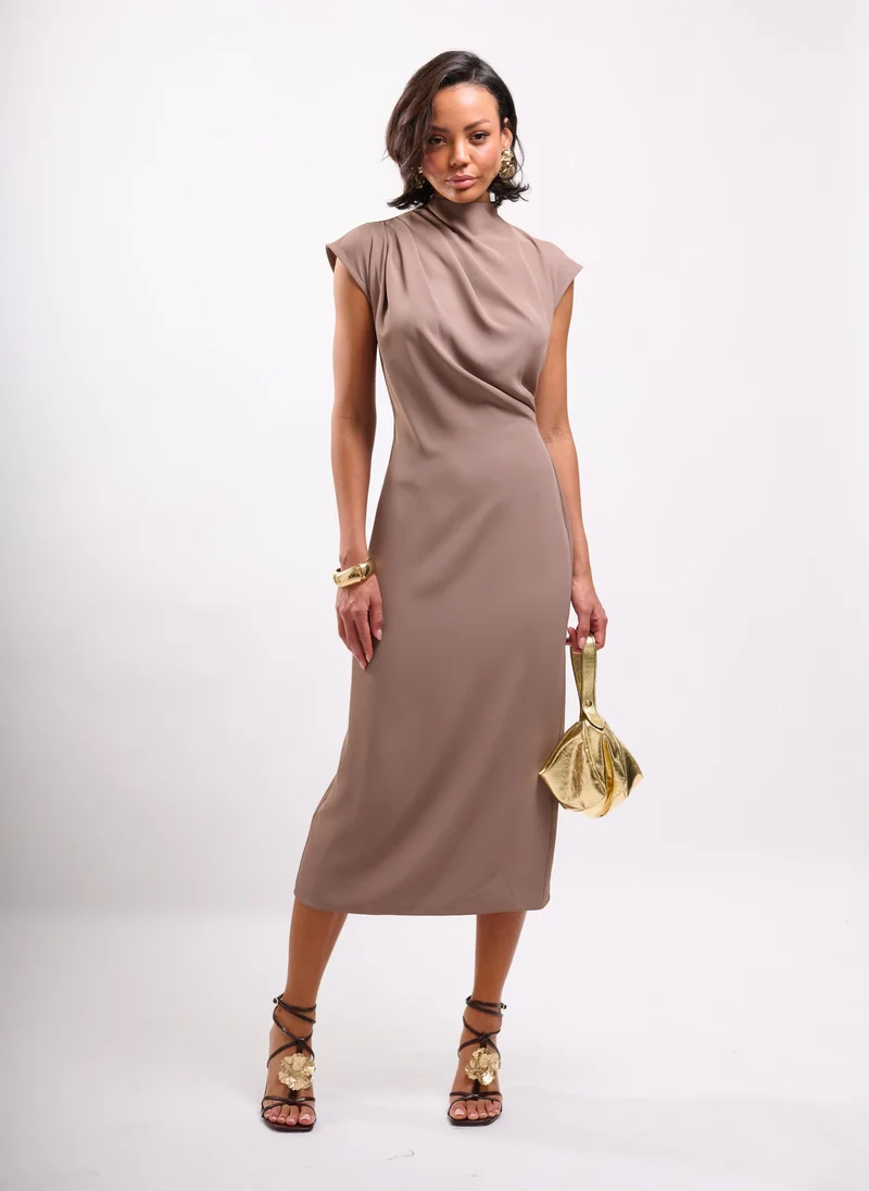 Faia taupe Mocha Midi Dress with Drape Detail for Women | Best Price UAE