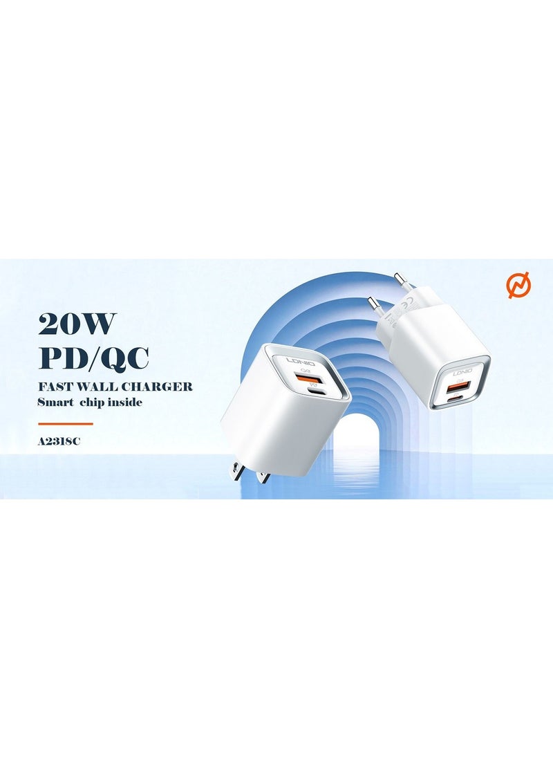 LDNIO - LDNIO A2318C Fast Charging Adapter EU Plug With Lightning Cable And USB Type C Ports 20W - White - Image 1