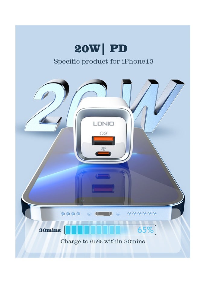 LDNIO - LDNIO A2318C Fast Charging Adapter EU Plug With Lightning Cable And USB Type C Ports 20W - White - Image 1