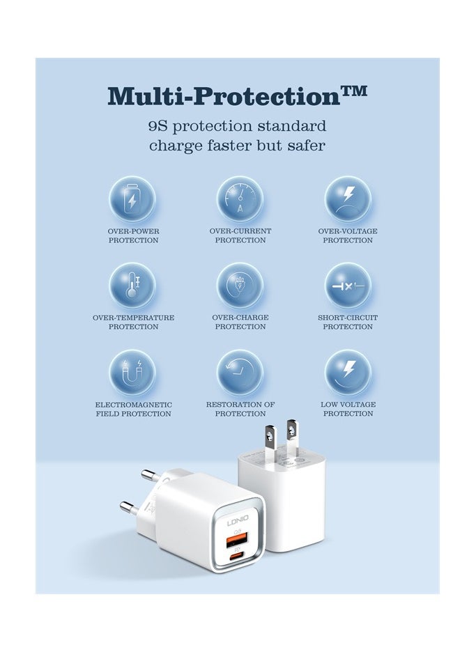 LDNIO - LDNIO A2318C Fast Charging Adapter EU Plug With Lightning Cable And USB Type C Ports 20W - White - Image 1