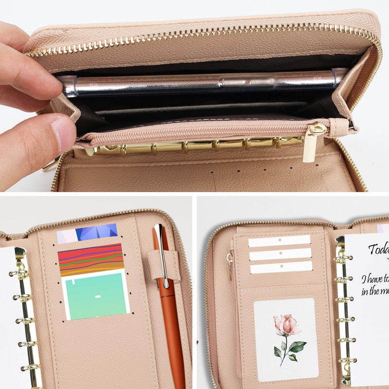 Ethanberg A7 Leather Budget Binder, Cash Envelopes System Budgeting Wallet, Money Organizer for Cash, Money Saving Cash Envelopes for Budgeting, Wallet Budget Planner with Zipper(Skin Color) - Image 4