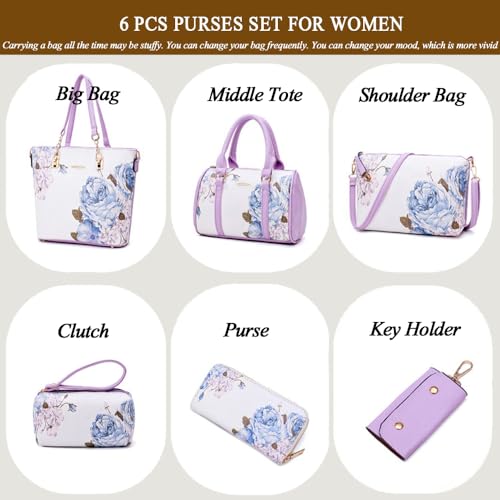 2E-youth Women Designer Purses And Handbags Set Satchel Shoulder Bags Tote Bags 6pcs Wallets (purple&white) - Image 2