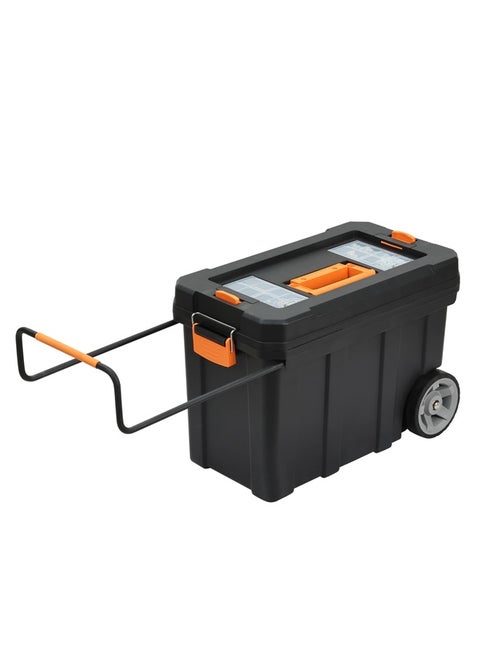 Pro7 Tool Box - 59x29x42.5cm - Rolling Tool Box with Wheels, Extendable Pull Handle, Removable Tray, and Dual Transparent Lid Compartments - Ideal for Garage, Workshop, and Construction Use
