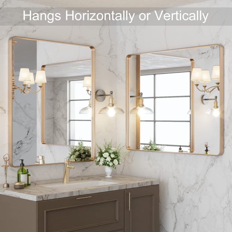 LOAAO 30â€X36â€ Gold Bathroom Mirror, Rounded Rectangle Gold Frame Mirror, Brushed Gold Bathroom Vanity Mirror Wall-Mounted, Anti-Rust, Tempered Glass, Hangs Horizontally or Vertically - Image 4