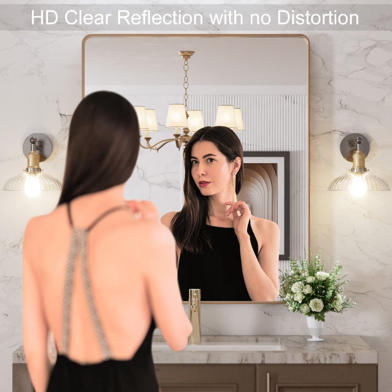 LOAAO 30â€X36â€ Gold Bathroom Mirror, Rounded Rectangle Gold Frame Mirror, Brushed Gold Bathroom Vanity Mirror Wall-Mounted, Anti-Rust, Tempered Glass, Hangs Horizontally or Vertically - Image 2