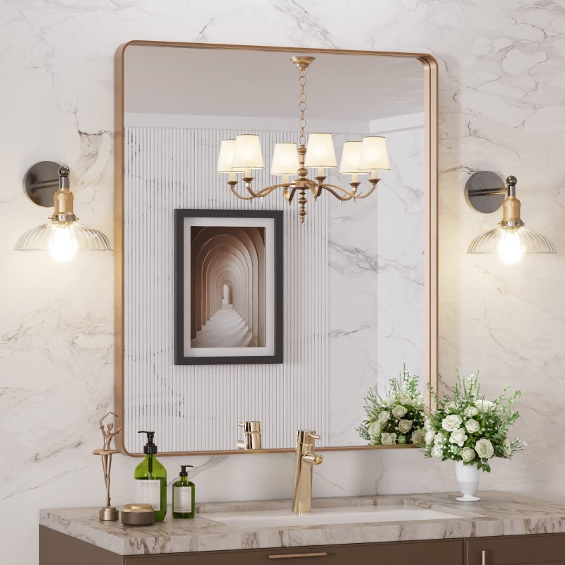LOAAO 30â€X36â€ Gold Bathroom Mirror, Rounded Rectangle Gold Frame Mirror, Brushed Gold Bathroom Vanity Mirror Wall-Mounted, Anti-Rust, Tempered Glass, Hangs Horizontally or Vertically - Image 1