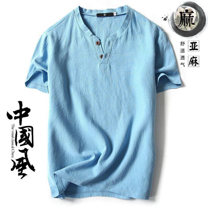 Short-sleeved T-shirt Men's Linen Vintage Top Thin Half-sleeved Solid Color V-neck Loose plus size Cotton Linen T-shirt - Image 3