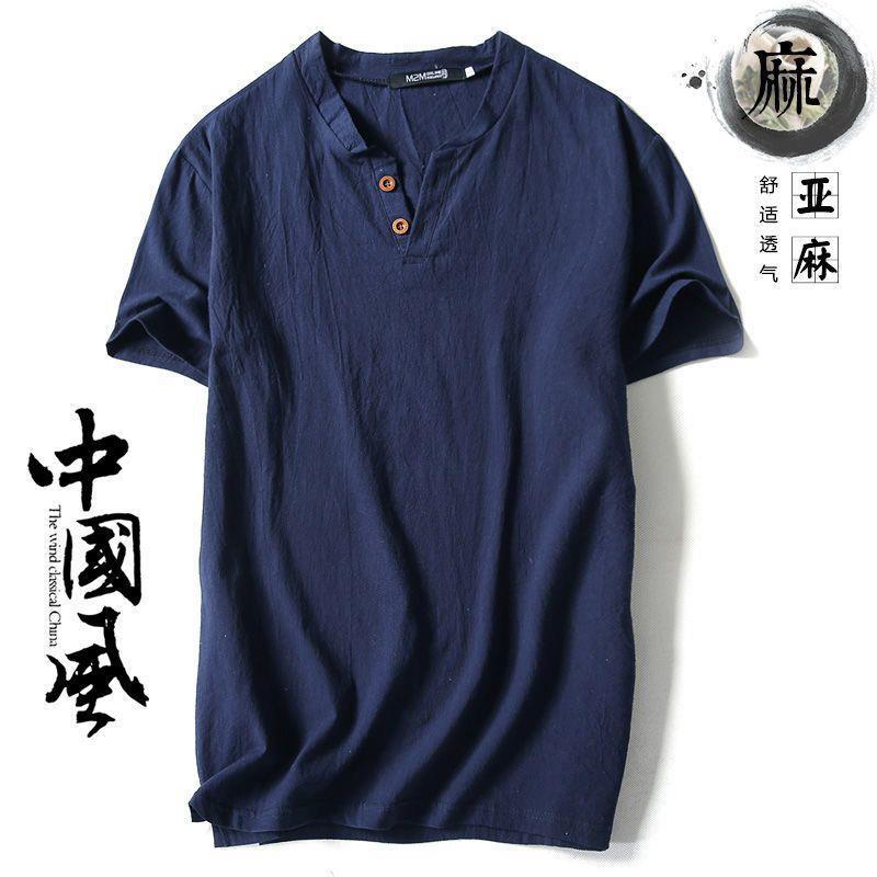 Short-sleeved T-shirt Men's Linen Vintage Top Thin Half-sleeved Solid Color V-neck Loose plus size Cotton Linen T-shirt - Image 5