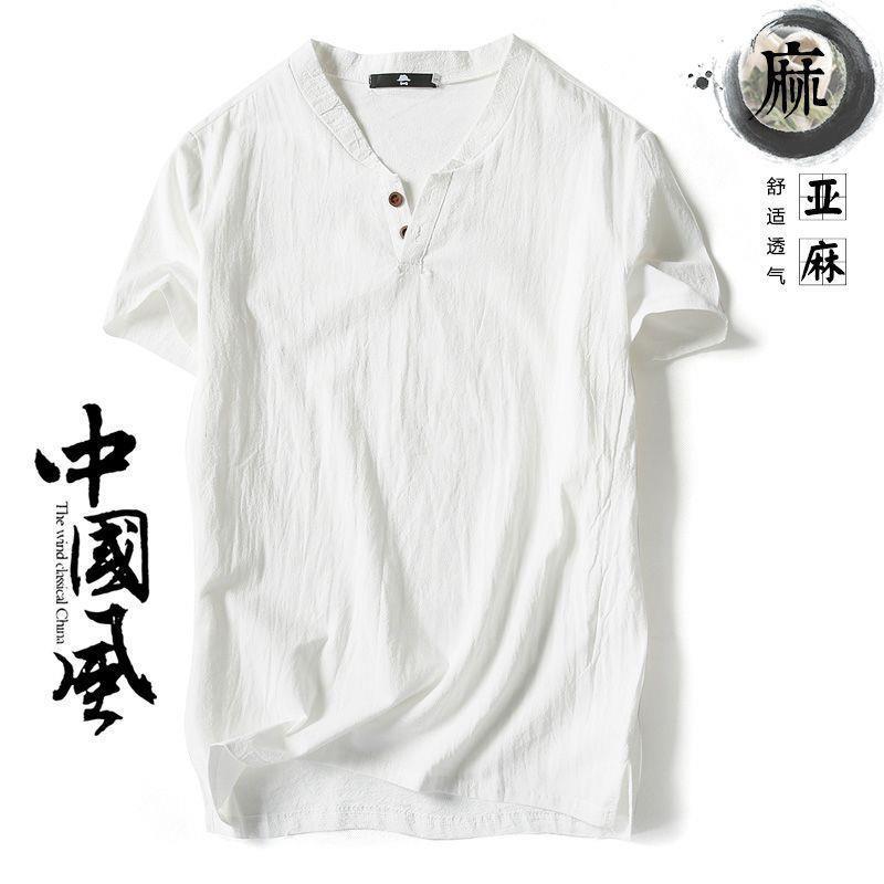 Short-sleeved T-shirt Men's Linen Vintage Top Thin Half-sleeved Solid Color V-neck Loose plus size Cotton Linen T-shirt - Image 4