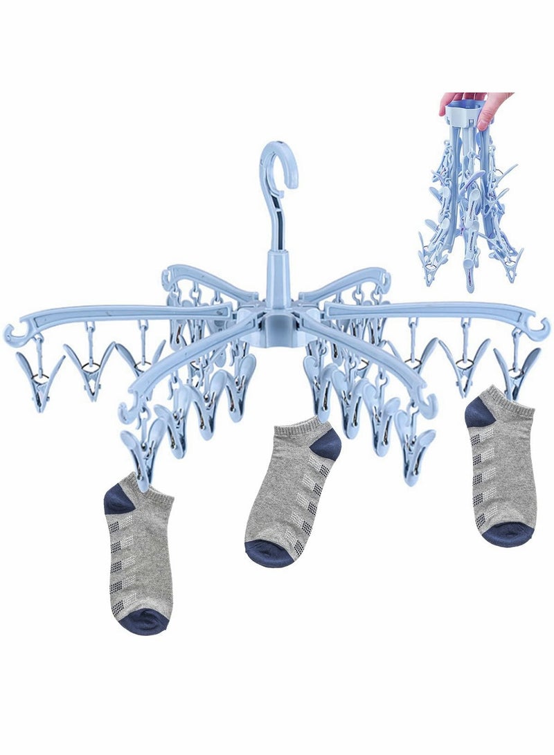إكسفور Folding Sock Dryer, 24 Peg Sock Hanger for Washing Line, Wind-proof Underwear Hanger, Portable Rotable Sock Drying Racks with Clips for Socks Underwear Baby Clothes, Gloves, Shoe Insoles(Blue) - Image 1