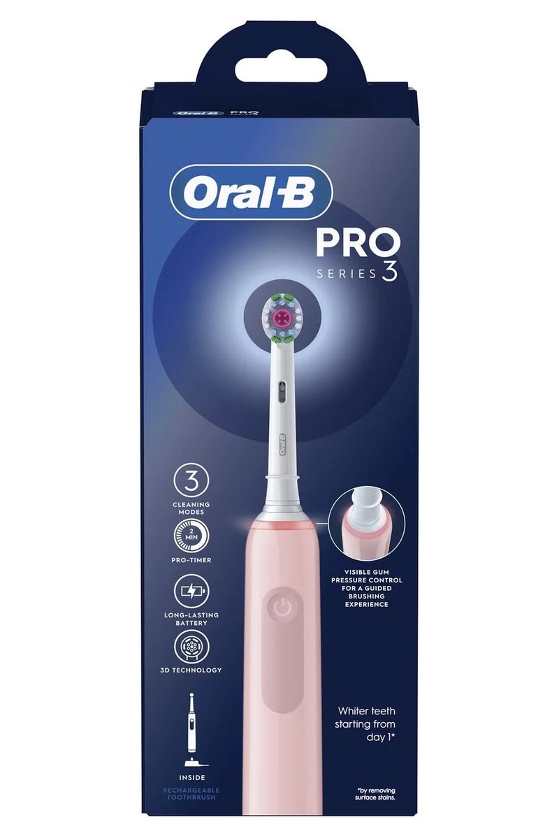 Oral-B Pro 3 Electric Toothbrush with Smart Pressure Sensor, 3D White Toothbrush Head, 3000 Pink - Image 1
