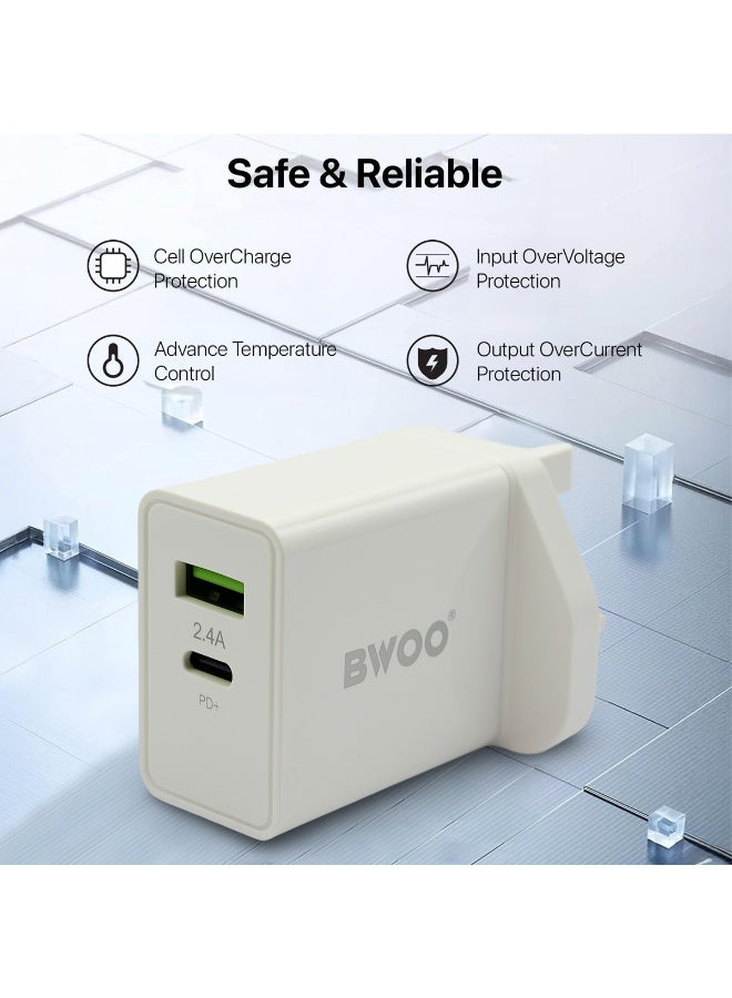 بوو شاحن حائط سريع BWOO ثنائي المنفذ USB-C PD بقوة 30 واط (قابس المملكة المتحدة). وحدة توصيل طاقة عالية السرعة للأجهزة اللوحية، وأجهزة الكمبيوتر المحمولة، وسماعات الأذن، والأجهزة الذكية. وحدة شحن صغيرة الحجم وآمنة، متعددة الحماية (من ارتفاع درجة الحرارة، الجهد، التيار، قصر الدائرة). - Image 4