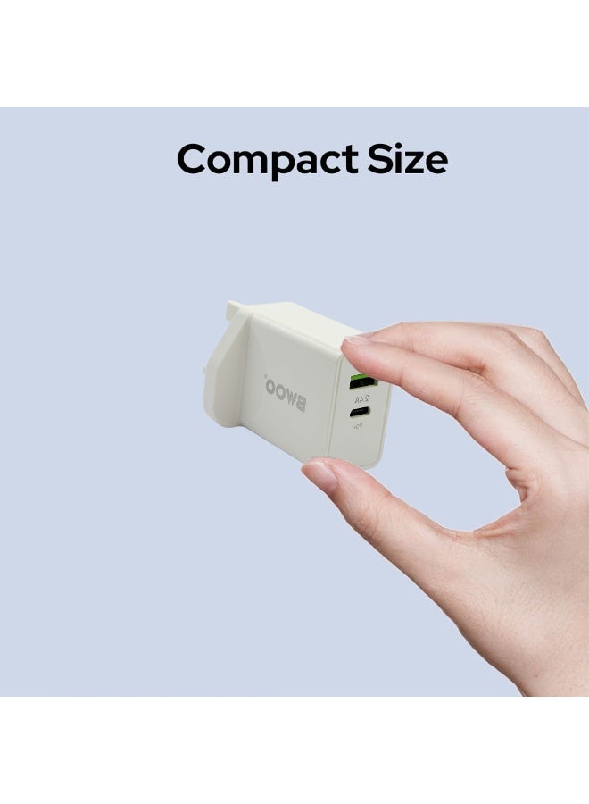 بوو شاحن حائط سريع BWOO ثنائي المنفذ USB-C PD بقوة 30 واط (قابس المملكة المتحدة). وحدة توصيل طاقة عالية السرعة للأجهزة اللوحية، وأجهزة الكمبيوتر المحمولة، وسماعات الأذن، والأجهزة الذكية. وحدة شحن صغيرة الحجم وآمنة، متعددة الحماية (من ارتفاع درجة الحرارة، الجهد، التيار، قصر الدائرة). - Image 2