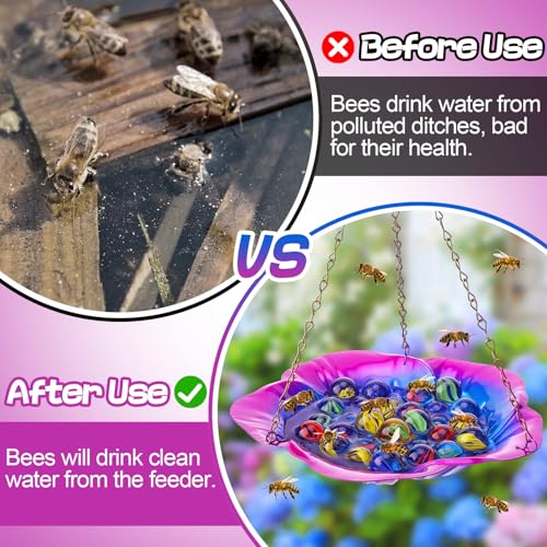 Acostop Bee Feeder with Vivid Hibiscus Design - Anti-Rust Iron Bee Watering Station for Feeding, Colorful Butterfly Bath Bowl Bee Cups with 30 Glass Marbles for Outdoor Yard Garden Decor Gifts (Purple) - Image 2