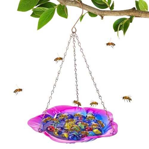 Acostop Bee Feeder with Vivid Hibiscus Design - Anti-Rust Iron Bee Watering Station for Feeding, Colorful Butterfly Bath Bowl Bee Cups with 30 Glass Marbles for Outdoor Yard Garden Decor Gifts (Purple) - Image 1
