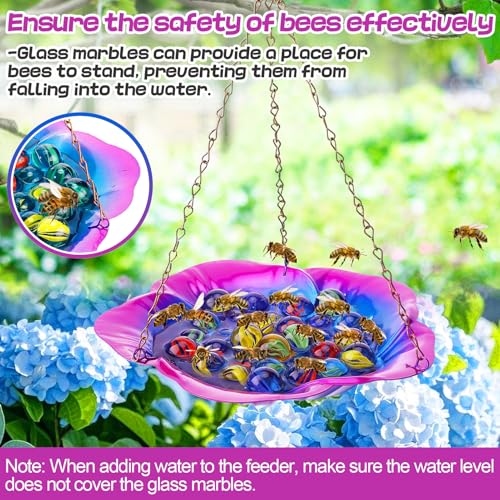 Acostop Bee Feeder with Vivid Hibiscus Design - Anti-Rust Iron Bee Watering Station for Feeding, Colorful Butterfly Bath Bowl Bee Cups with 30 Glass Marbles for Outdoor Yard Garden Decor Gifts (Purple) - Image 5