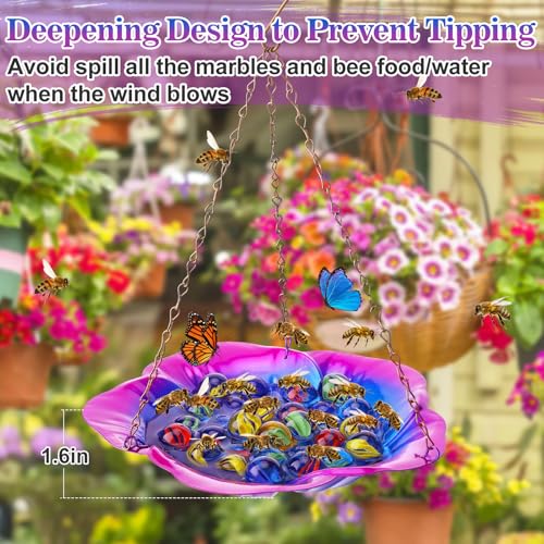 Acostop Bee Feeder with Vivid Hibiscus Design - Anti-Rust Iron Bee Watering Station for Feeding, Colorful Butterfly Bath Bowl Bee Cups with 30 Glass Marbles for Outdoor Yard Garden Decor Gifts (Purple) - Image 3