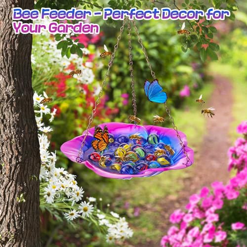 Acostop Bee Feeder with Vivid Hibiscus Design - Anti-Rust Iron Bee Watering Station for Feeding, Colorful Butterfly Bath Bowl Bee Cups with 30 Glass Marbles for Outdoor Yard Garden Decor Gifts (Purple) - Image 4