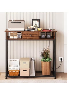 Luxury Home Wood and Iron Console Table, 1 Drawers and 2 Shelves, Taupe Wood with Dark Frame-EI-301  - Image 1